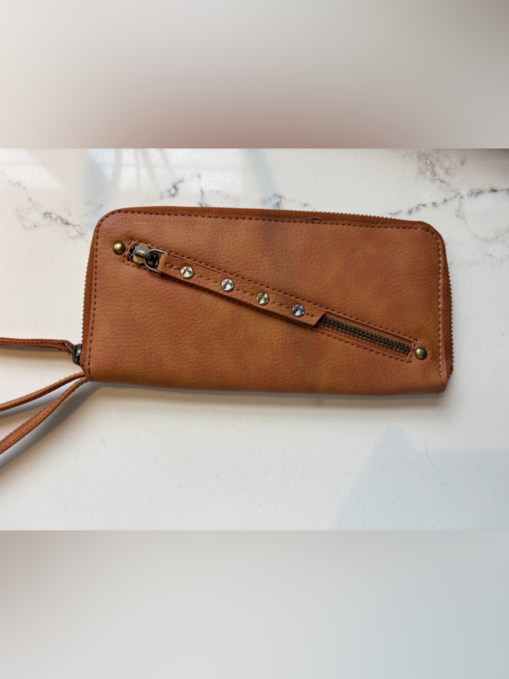Free People Distressed Vegan Zip Wallet in Cognac Brown